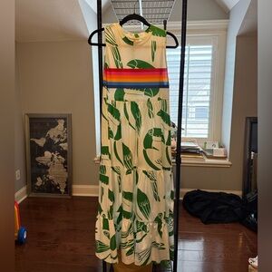 Farm Rio Green and White Tropical Print Dress